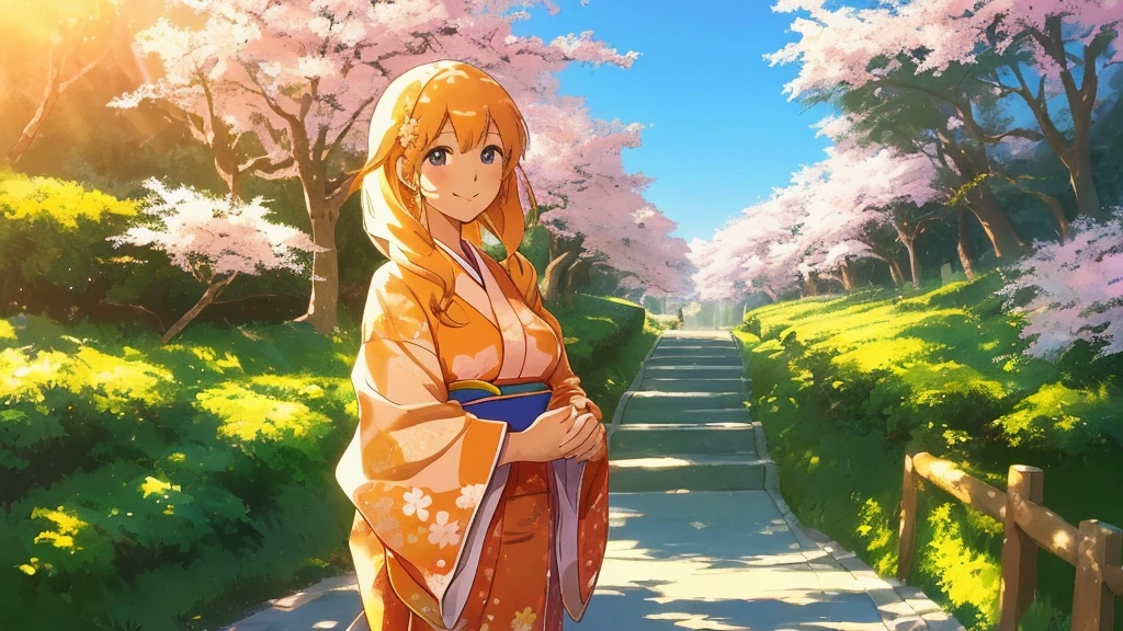 A flawless illustration, an anime-style illustration for Japanese music, a woman standing with a smile, a cherry blossom tree, a sunny sky