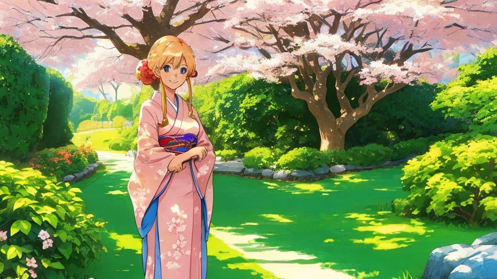 A flawless illustration, an anime-style illustration for Japanese music, a woman standing with a smile, a cherry blossom tree, a sunny sky