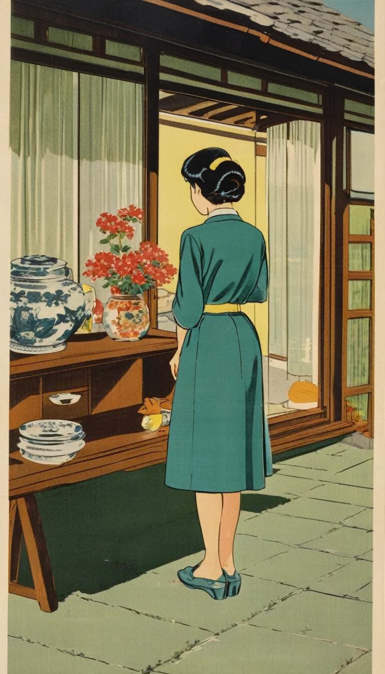 A scene from the 1960s or 1970s showing a suburban danchi wife, reflecting the "danchi wife" phenomenon. The image should capture the lifestyle of housewives living in suburban danchi, illustrating their daily life and the cultural trend of the era.