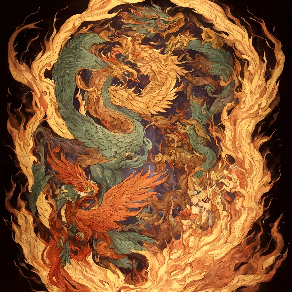 Mythological Creatures,((Chinese mythology fire phoenix)),Chinese traditional elements,mural,Illustrative myths,Fuyao Legend,dappled light,Hazy Haze,Mysterious atmosphere,masterpiece,HD,colorful,details,Seven colors
