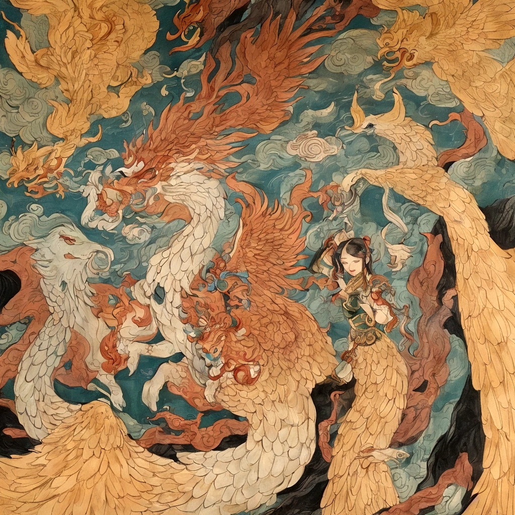 Mythological Creatures,((Chinese mythology fire phoenix)),Chinese traditional elements,mural,Illustrative myths,Fuyao Legend,dappled light,Hazy Haze,Mysterious atmosphere,masterpiece,HD,colorful,details,Seven colors