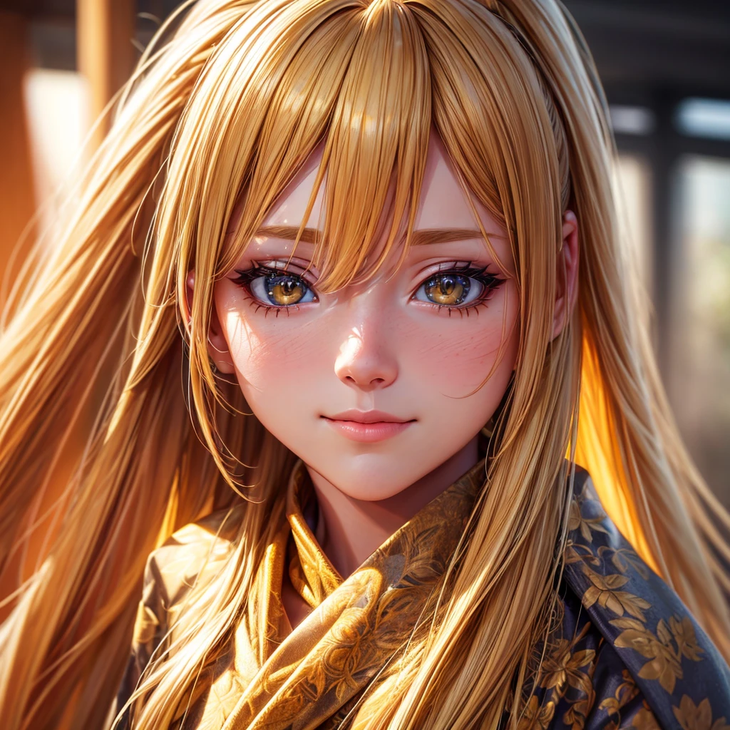 A with long yellow hair in a ponytail, cute and small, (best quality,4k,8k,highres,masterpiece:1.2),ultra-detailed,(realistic,photorealistic,photo-realistic:1.37),hd,portrait,beautiful detailed eyes,beautiful detailed lips,extremely detailed eyes and face,longeyelashes,young ,adorable,innocent,happy expression,natural daylight,warm lighting,golden hour,vibrant colors