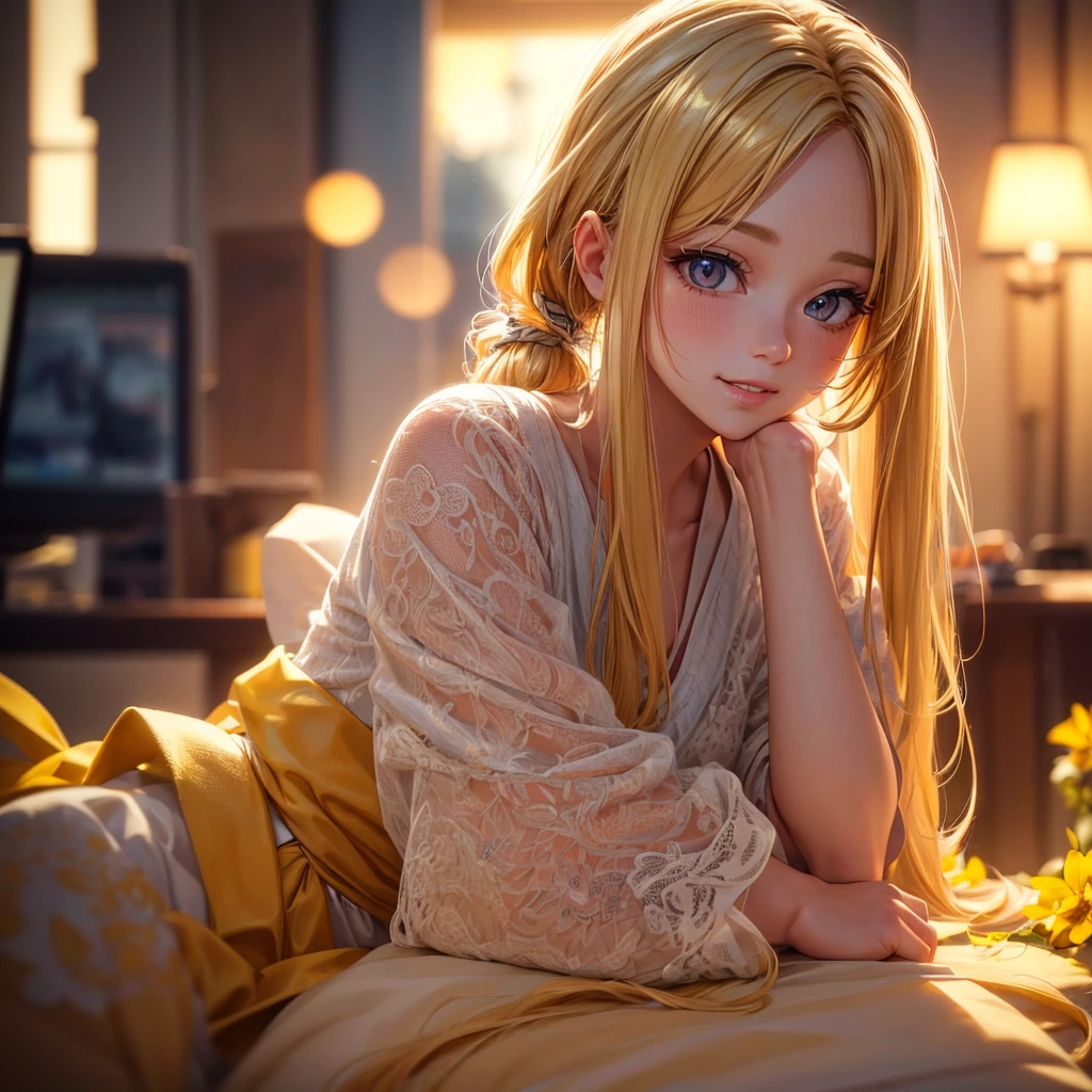 A  with long yellow hair in a ponytail, cute and small, (best quality,4k,8k,highres,masterpiece:1.2),ultra-detailed,(realistic,photorealistic,photo-realistic:1.37),hd,portrait,beautiful detailed eyes,beautiful detailed lips,extremely detailed eyes and face,longeyelashes,young ,adorable,innocent,happy expression,natural daylight,warm lighting,golden hour,vibrant colors