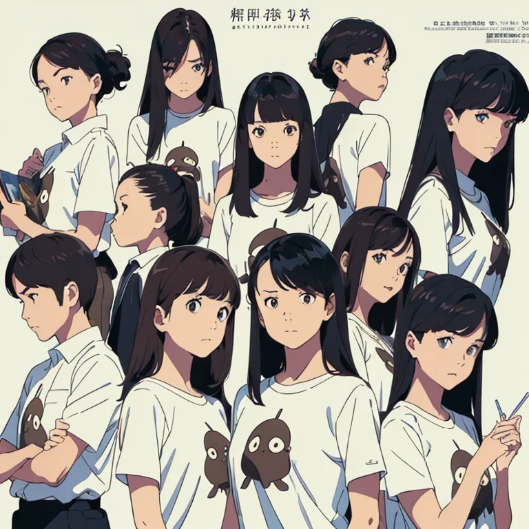 ((masterpiece)),(((highest quality))),(Character design sheet, same characters, front, ~ side, return), figure, 1 girl, hair color, bangs, Hairstyle Fax, eye, Environmental change scene, Hairstyle Fax, Pose Jitai, woman, Shirt Chansey, star, Shartan Betalora, (simple returnground, white returnground: 1.3), --6 --automatic