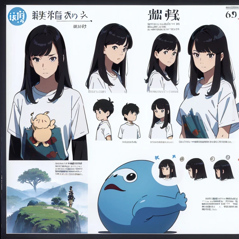 ((masterpiece)),(((highest quality))),(Character design sheet, same characters, front, ~ side, return), figure, 1 girl, hair color, bangs, Hairstyle Fax, eye, Environmental change scene, Hairstyle Fax, Pose Jitai, woman, Shirt Chansey, star, Shartan Betalora, (simple returnground, white returnground: 1.3), --6 --automatic