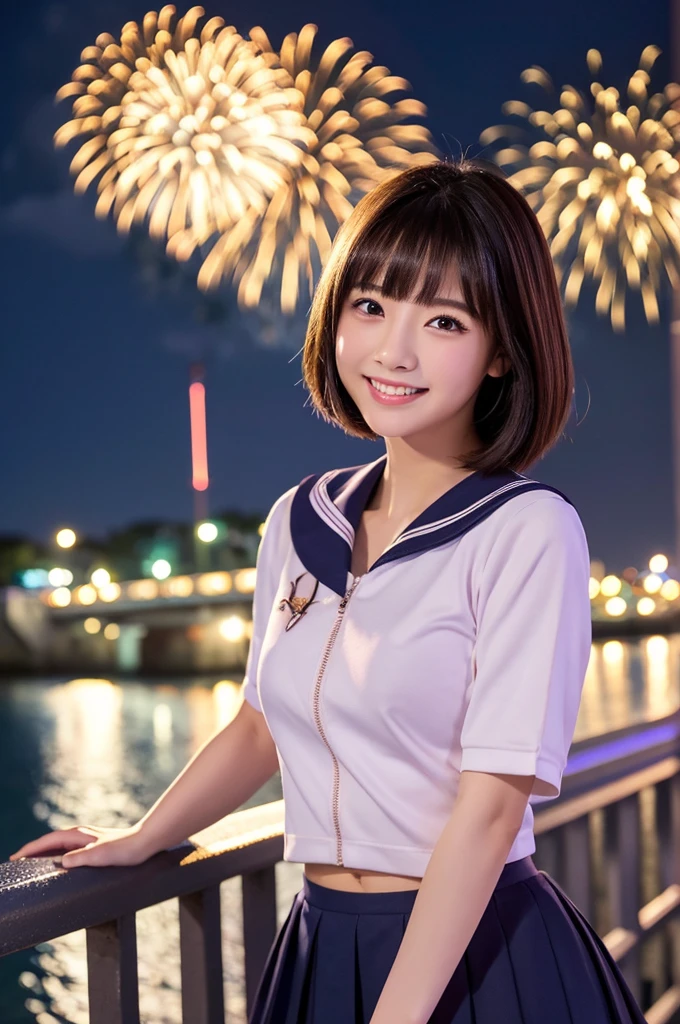 Image resolution 8K、masterpiece:1.3)、Beauty、1 female、(魅力的なBody Type:1.2)、abdomen:1.1、Dark brown hairstyle:1.1、(Body Type:1.2)、Ultra-detailed face、Attractive lips、double eyelid、Ultra-realistic and detailed Japanese school girl in a white short-sleeved zippered sailor suit and pink skirt、Cute Japanese Girls、10th Generation(16 years old)、Night view and large fireworks in the background、Breast Size: 82cm、The smile is wonderful.、My breasts are beautiful、color々Hair style、Hair blowing in the wind、