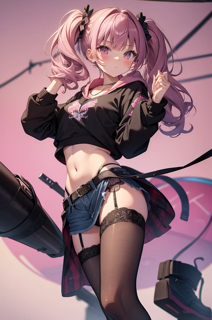 masterpiece, highest quality, pretty girl,  , Scrunchie hair ornament, Twin tails,denim pencil mini skirt,hoodie, Patterned stockings, Leg belt, necklace, skinny , Pink and black bra,((showing off lace panties)),Pistol,Hold a pistol,Assassin