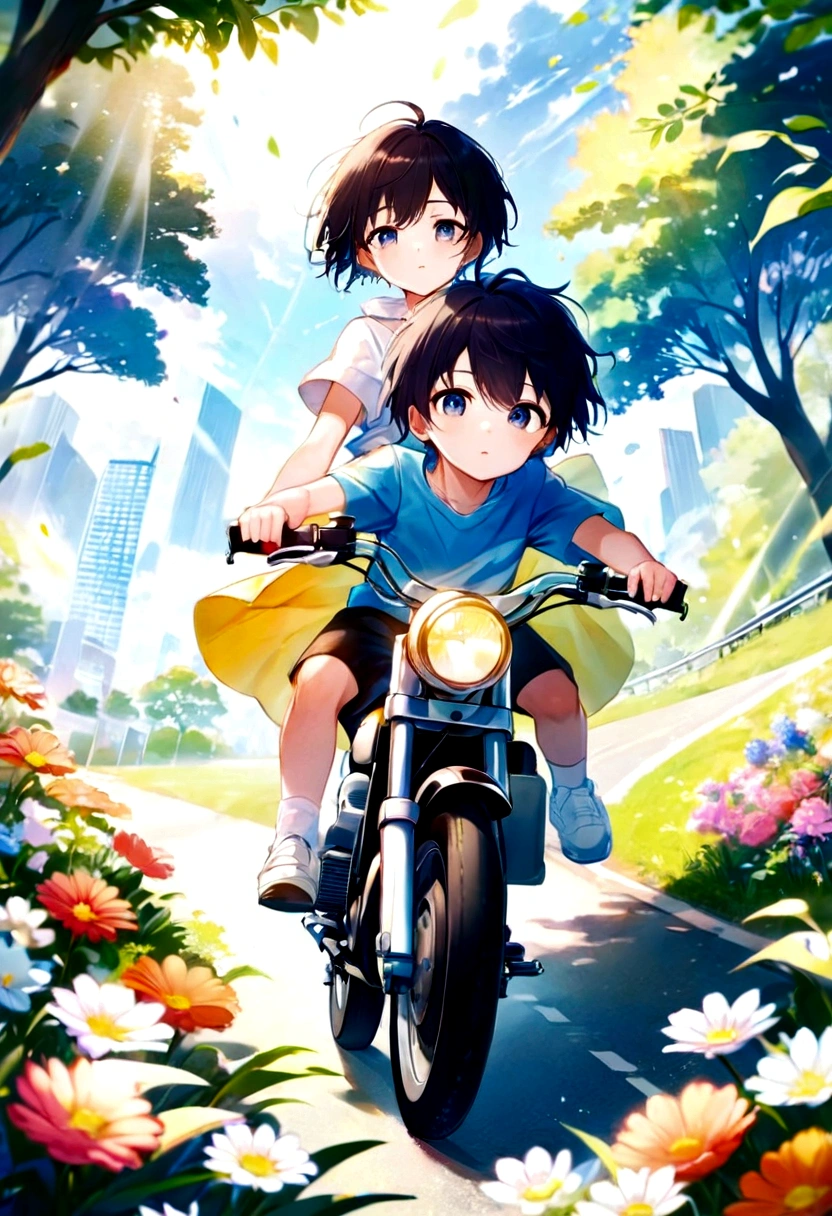 anime boy and girl riding a motorcycle in a park with flowers, from yowamushi pedal, anime cover, guweiz and makoto shinkai, anime style 4 k, makoto shinkai!!, makoto shinkai!, sakimichan and makoto shinkai, 4 k manga wallpaper, yusuke murata and makoto shinkai