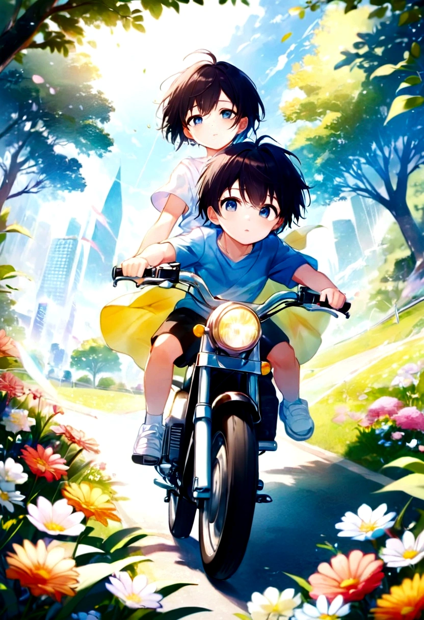 anime boy and girl riding a motorcycle in a park with flowers, from yowamushi pedal, anime cover, guweiz and makoto shinkai, anime style 4 k, makoto shinkai!!, makoto shinkai!, sakimichan and makoto shinkai, 4 k manga wallpaper, yusuke murata and makoto shinkai