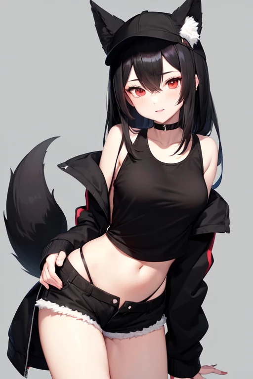 anime girl with black hair and red eyes, black tank top, black jacket, black booty shorts, belly showing, hat, fox ears and tail