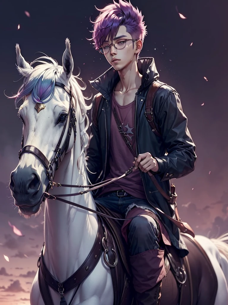 (anime man purple hair punk) (purple round glasses color crystal) (riding pure white magical unicorn horse )
