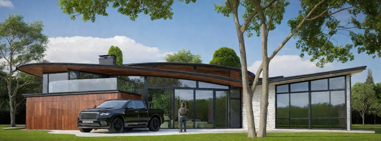 exterior house, contemporary style, colobond cladding wall, wood wall, wood door, aluminium black window frame, glass window, (realistic:1.2), Masterpiece, high quality, best quality, authentic, super detail, outdoors, grass, trees, sky, cloud, (daylight:1.1)