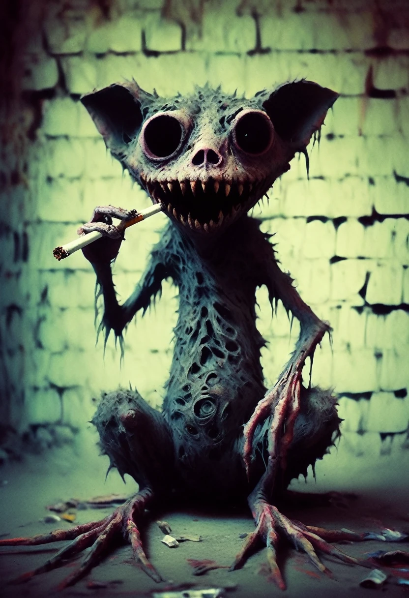 cigarette creature,Tim Burton+Brom+Henson+Ito Style meshed, hyperstylized, hyper surreal graffiti style, focus clarity, moody lighting, Best HD, High Resolution, horror fantasy 