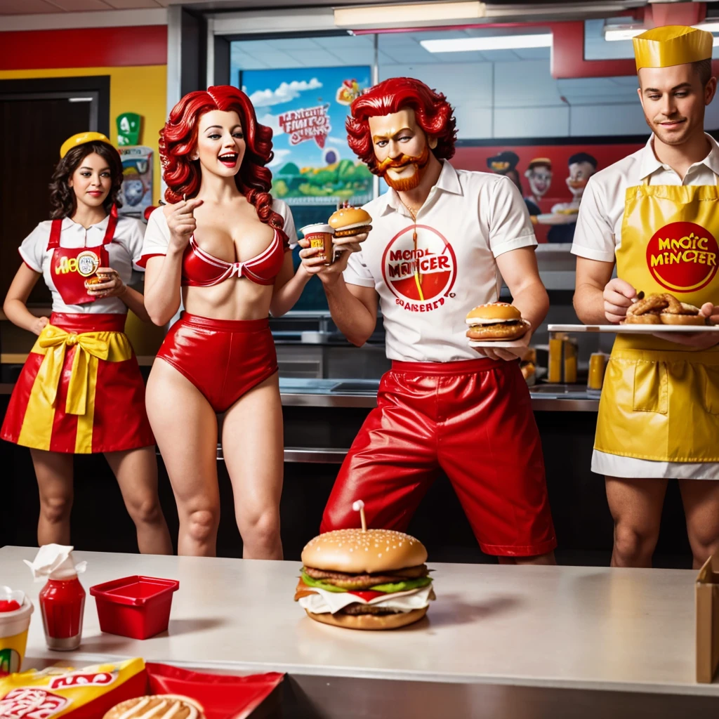 a couple of Ronal McDonald, The Burger King, and The KFC The Colonel all standing next to each other, serving happy meals, image of ronald mcdonald, mcdonalds, michelangelo painting, 🔞🤡, serving burgers, fast food review, hamburglar, messy hair, by Michelangelo, spilling ketchup, renaissance art, michelangelo style, happy meal toy, they stand hovering over Wendy of Wendy's MAscot fast food as she is on the ground twerking 