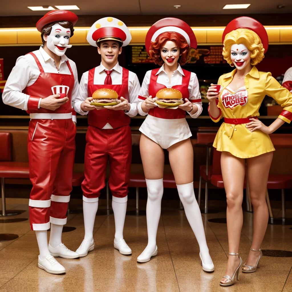 a couple of Ronal McDonald, The Burger King, and The KFC The Colonel all standing next to each other, serving happy meals, image of ronald mcdonald, mcdonalds, michelangelo painting, 🔞🤡, serving burgers, fast food review, hamburglar, messy hair, by Michelangelo, spilling ketchup, renaissance art, michelangelo style, happy meal toy, they stand hovering over Wendy of Wendy's MAscot fast food as she is on the ground twerking 