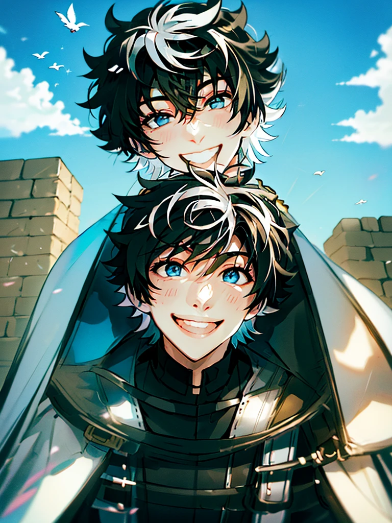 ((absurdres)), hd, uhd, (((HDR))), ((best quality)), (ultra high quality), (hi-res), (cowboy shot), (from above), ((1boy)), charlemagne, black hair, blue eyes, multicolored hair, two-tone hair, ((happy expression)), (smiling), cute, looking at camera, wall, stairs, ((head tilted towards camera)), (dynamic), medieval city, outside, medieval buildings, cobblestone sidewalk, daytime, additional lighting, sunlight on face, noon, bright sun, medieval city scenery, birds,