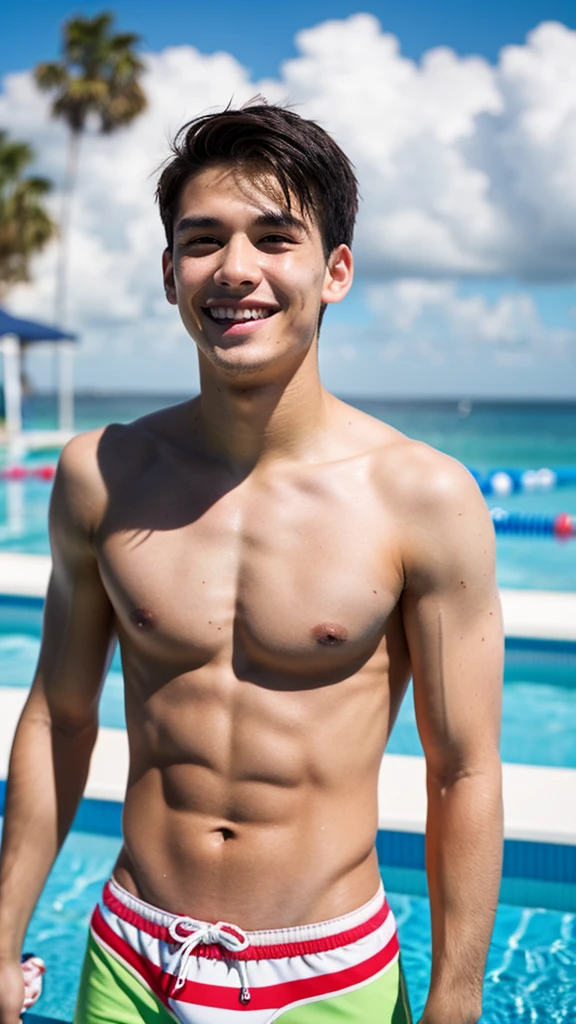male Age 27 swimwear lifeguard topless smile