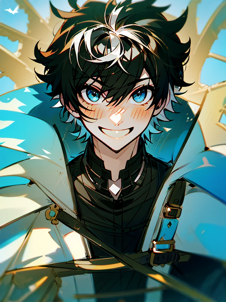 ((absurdres)), hd, uhd, (((HDR))), ((best quality)), (ultra high quality), (hi-res), (cowboy shot), (from above), ((1boy)), charlemagne, black hair, blue eyes, multicolored hair, two-tone hair, ((happy expression)), (smiling), cute, looking at camera, wall, stairs, ((head tilted towards camera)), (dynamic), medieval city, outside, medieval buildings, cobblestone sidewalk, daytime, additional lighting, sunlight on face, noon, bright sun, medieval city scenery, birds,
