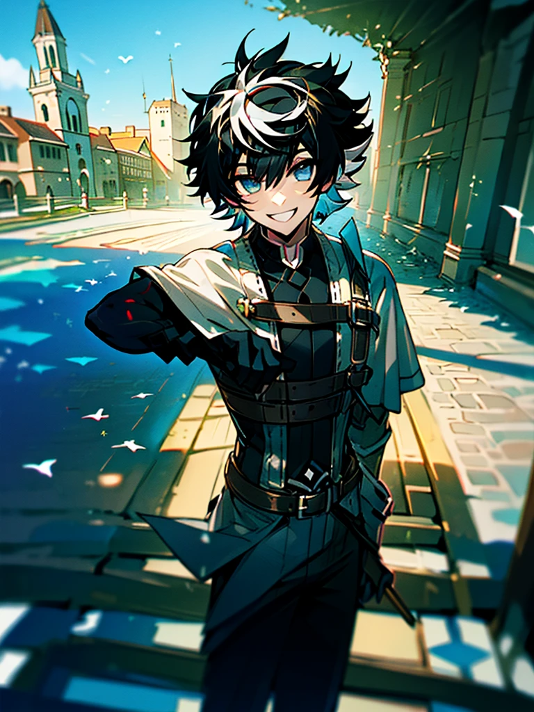 ((absurdres)), hd, uhd, (((HDR))), ((best quality)), (ultra high quality), (hi-res), (cowboy shot), (from above), ((1boy)), charlemagne, black hair, blue eyes, multicolored hair, two-tone hair, ((happy expression)), (smiling), cute, looking at camera, wall, stairs, ((head tilted towards camera)), (dynamic), medieval city, outside, medieval buildings, cobblestone sidewalk, daytime, additional lighting, sunlight on face, noon, bright sun, medieval city scenery, birds,