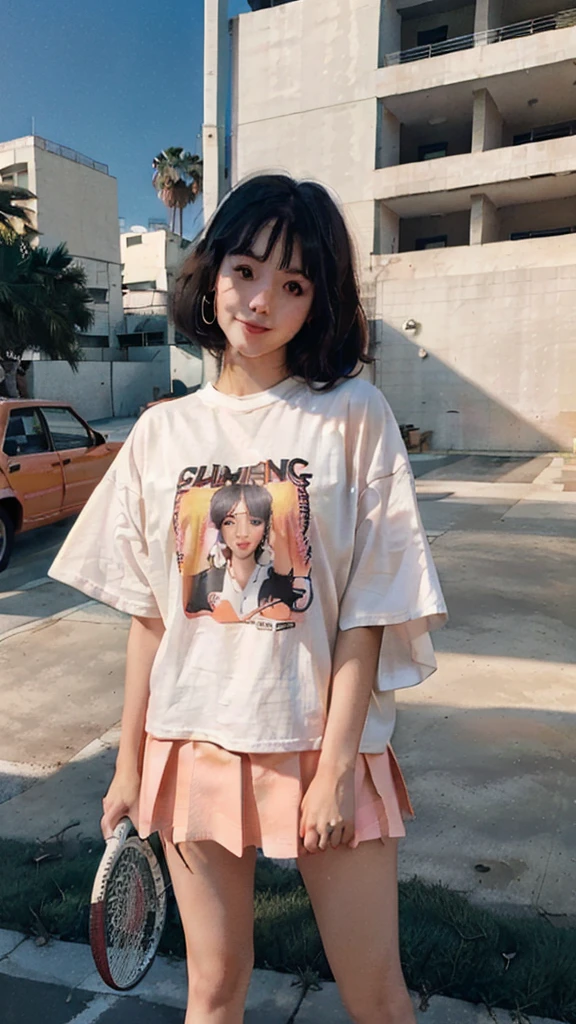 best quality, masterpiece, (photorealistic:1.4), 1girl, light smile, dramatic lighting,
(wear white blank over size t-shirt),(peach color tennis skirt),black bob hairstyles, ((background 80's architecture colourful motel)),sunny,summer, palm trees, los Angles vibes