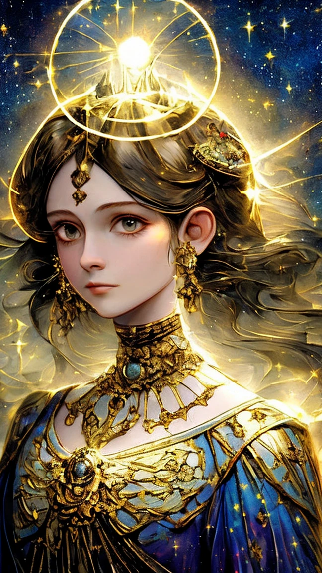 ((highest quality)), ((masterpiece)), ((Real)), Portraiture, One Girl, Celestial Bodies, god, 女god, Particles of light, Hello, Viewer, (Bioluminescence:0.95), vivid, colorful, color, (Shine, shine), (Beautiful composition), Cinema Lighting, complicated, (Symmetric:0.5), Whimsical,