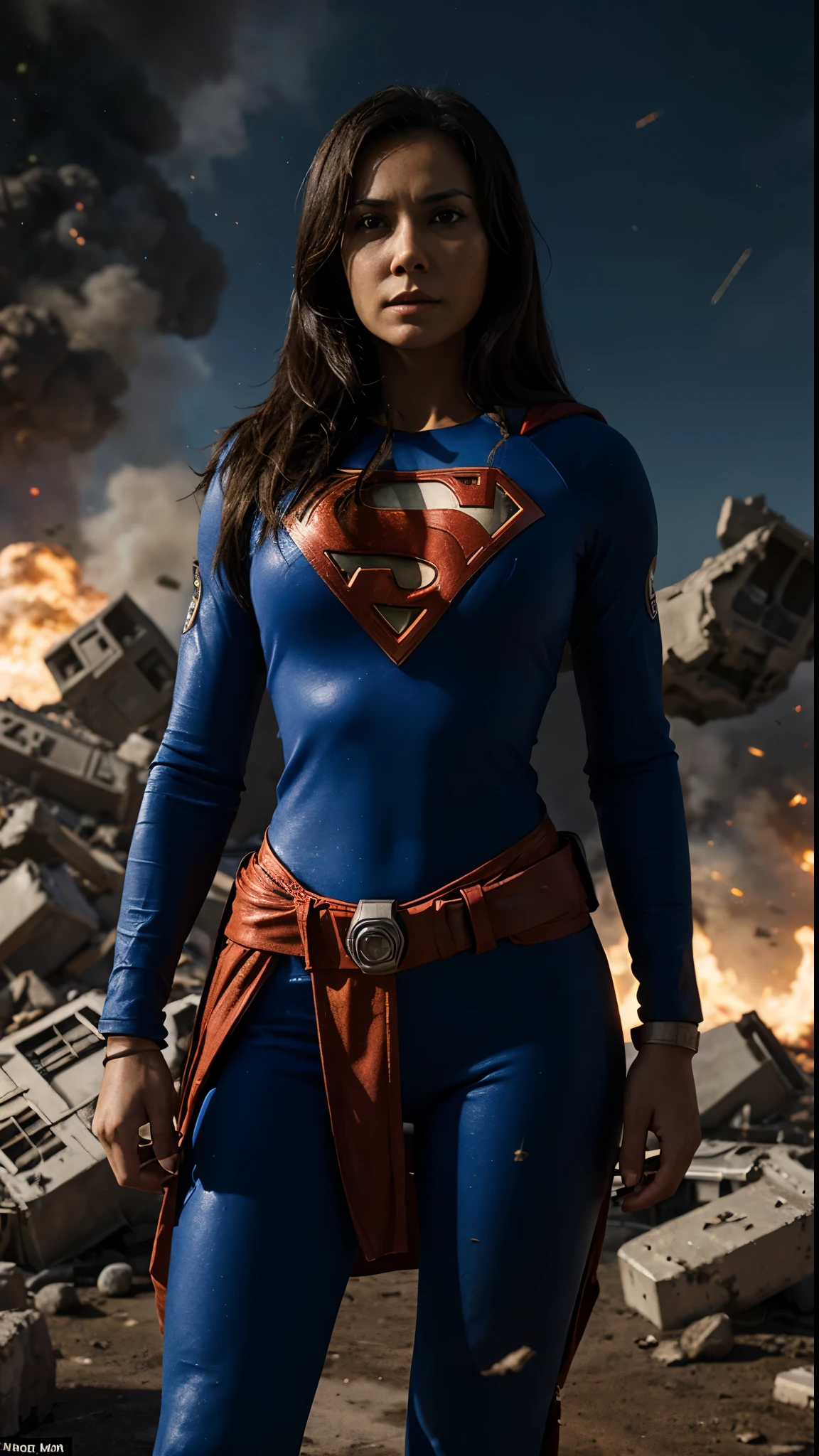 Superwoman High quality gun-equipped female protagonist、Boldly placed in front of a devastatingly destroyed spaceship、It's reminiscent of the official character art。On a desolate background、Dust from a once thriving galaxy々The remains of the、It reminds me of the setting of a fallen empire.。The surrounding atmosphere、It has the ominous presence of Doom Eternal's zombies.、Its terrifying appearance creates a chilling aura.。A woman stands out in the foreground.、Her images are ultra-detailed, high-resolution masterpieces.。