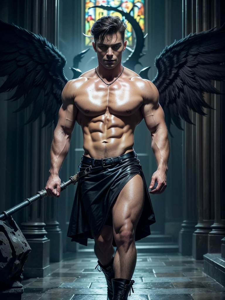 Photorealistic, ((best quality)), ((masterpiece)), (detailed), walking towards the camera, perfect face, masculine portrait , personification, (evil look), super pale skin, (massive huge majestic black angel wings:1.5), black dragon horns, 18-year-old, super male model, handsome, tall, cute looking, strong jawline, square jawline, evil look, dark look powerful, young male model, handsome mythical creature, super strong, muscular, fit, massive muscles, six pack, clean shave, light blue eyes, short dark brown wavy messy hair,short messy hair, short messy wavy hair, shirtless, barechested, muscle, ripped, strong body, fit body, ancient linen Greek small skirt, antique black linen raped cloth skirt, Dark background, 8k, high detailed, ultra-detailed, Stylish Pose, real skin texture, dark cinematic lighting, (black dark gothic cathedral ruins:1.4), ruins, puddled floor
