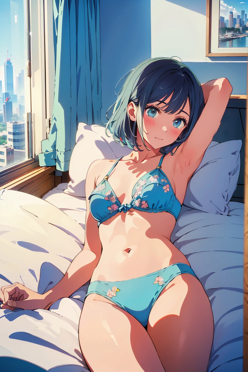 highest quality,8k,detailed,F cup bust、Very cute face、Thin white bikini、Beautiful thighs、Best Beautiful Legs、Slim and beautiful arms、Slim body、White skin、((((1 person、Sunlight on the body、On the bed、Lying in bed、looking at the camera、smile、smile、Tokyo buildings in the background、Hotel room))))、I can see the deep blue sky、The atmosphere is bright and lively、The woman is at the center of the image。