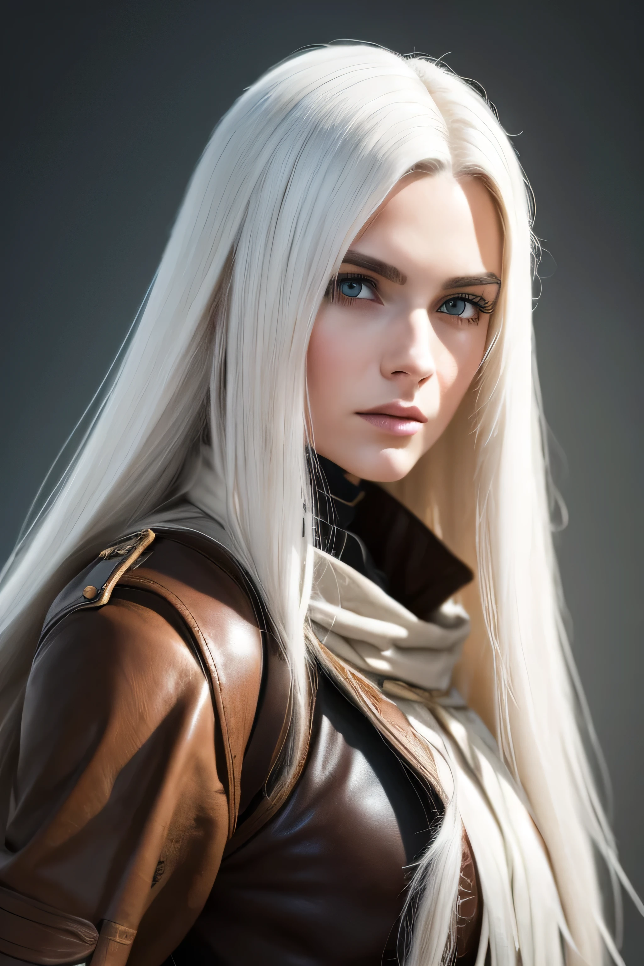 1 female medival ranger, long white hair, wearing leather, 25 years old, absurdres, high res, ultrasharp, 8K, masterpiece, the image should be of absurd resolution and high detail. It should be ultra-sharp and available in 8K resolution, representing a masterpiece in image quality.