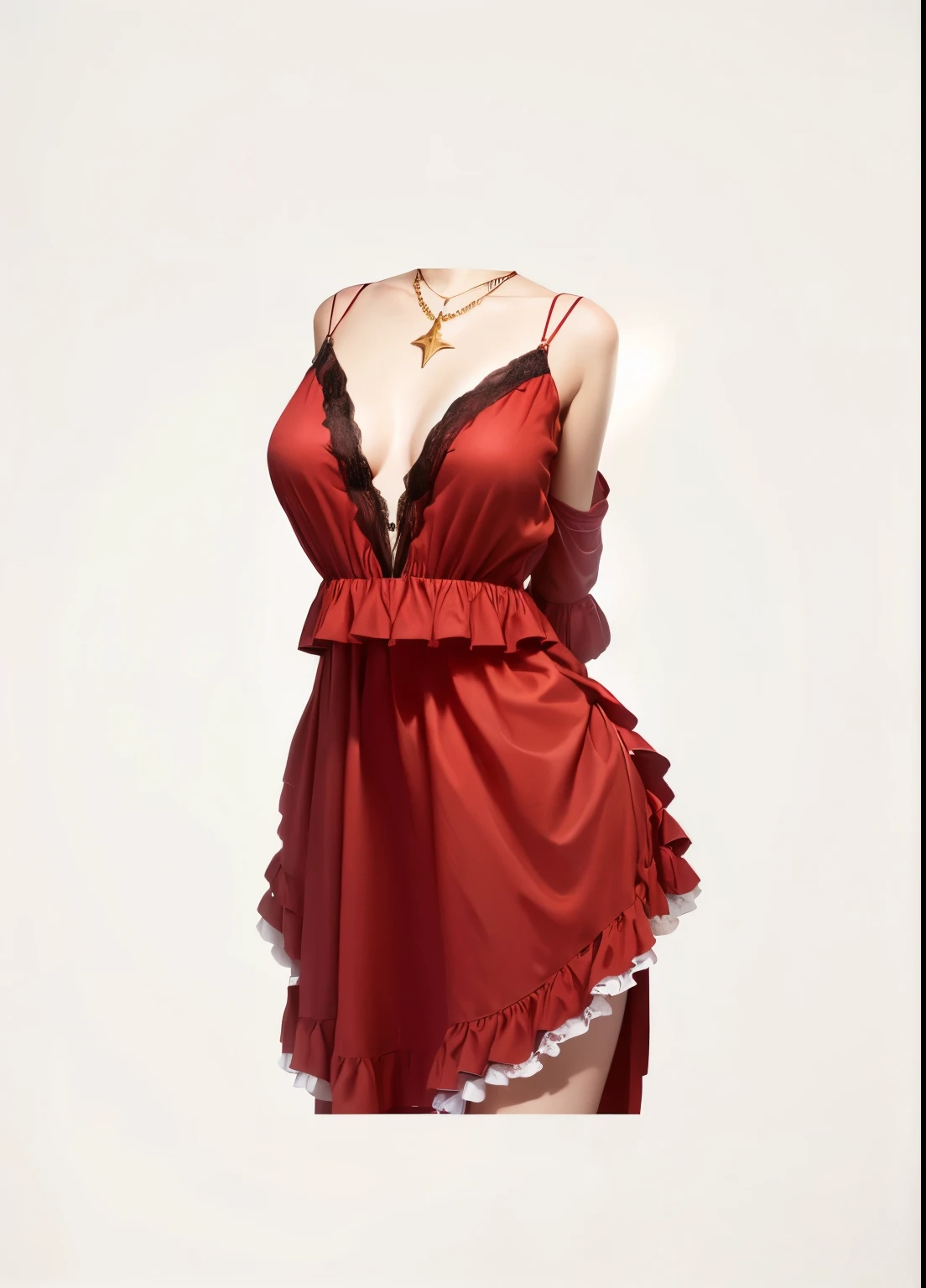 ((full body view)) a beautiful woman, age 18, long brunette stylish hair, red lips, eye mascara, super gorgeous, wears a gorgeous midi dress, puffed sleeve, model, red nails, ultra realistic, puffed sleeve midi dress, skin spots, acnes, skin blemishes, bad anatomy,