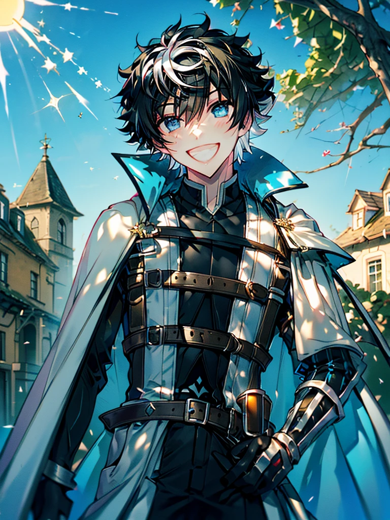 ((absurdres)), hd, uhd, (((HDR))), ((best quality)), (ultra high quality), (hi-res), (cowboy shot), (from above), ((1boy)), charlemagne, black hair, blue eyes, multicolored hair, two-tone hair, ((happy expression)), (smiling), cute, looking at camera, wall, stairs, ((head tilted towards camera)), (dynamic), medieval city, outside, medieval buildings, cobblestone sidewalk, daytime, additional lighting, sunlight on face, noon, bright sun, medieval city scenery, birds,