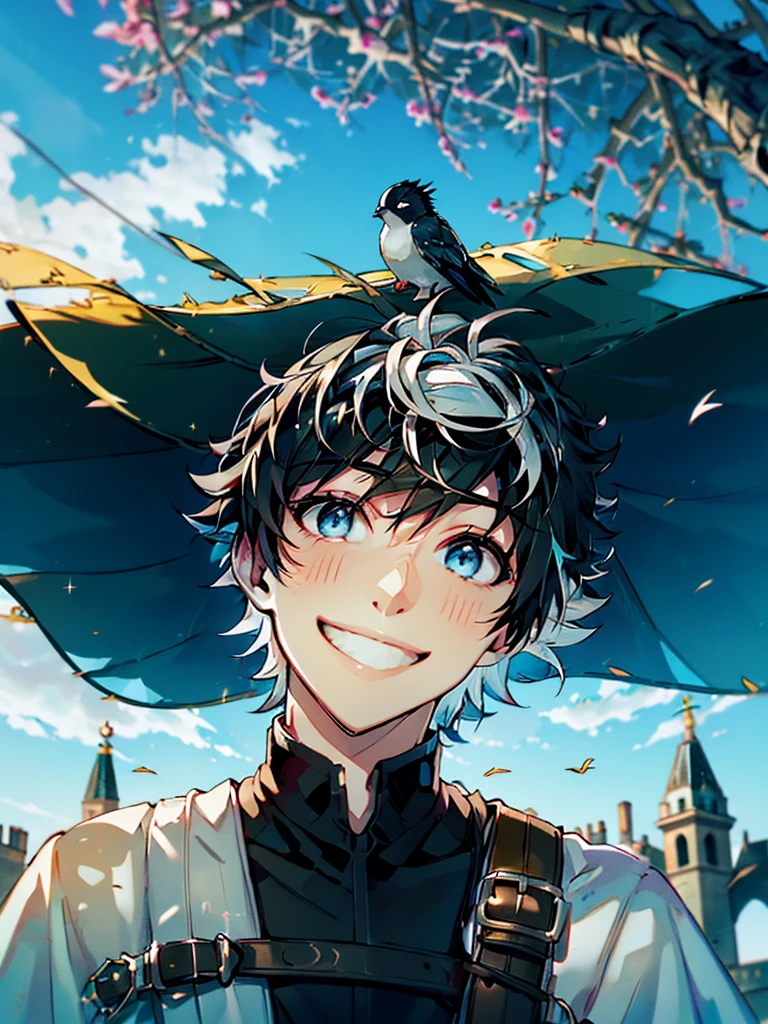 ((absurdres)), hd, uhd, (((HDR))), ((best quality)), (ultra high quality), (hi-res), (cowboy shot), (from above), ((1boy)), charlemagne, black hair, blue eyes, multicolored hair, two-tone hair, ((happy expression)), (smiling), cute, looking at camera, wall, stairs, ((head tilted towards camera)), (dynamic), medieval city, outside, medieval buildings, cobblestone sidewalk, daytime, additional lighting, sunlight on face, noon, bright sun, medieval city scenery, birds, 