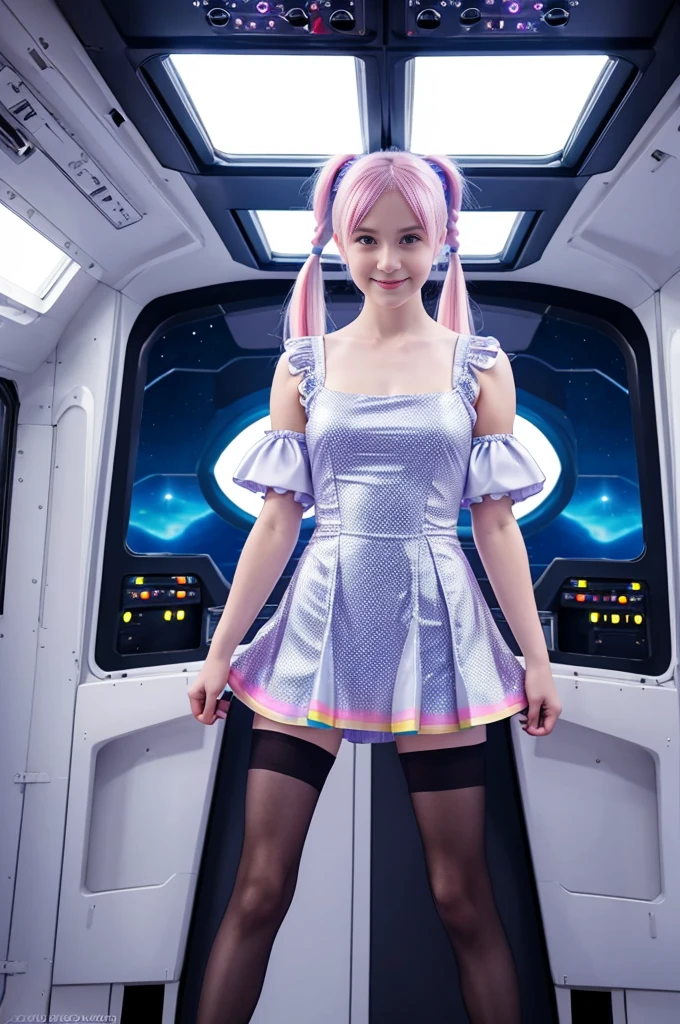 wlop and krenz cushart art style, cute 19-year-old neon haired woman, pale white skin, happy, smiling, in twin tails, perfect blue eyes, pale goth skin, silky smooth skin, flying a fancy metal luxurious space ship, futuristic cockpit, she's a pilot, outer space seen in windows, dark warm lighting, wearing a futuristic dress, pleated (chemise) mini dress (pastel rainbow colors, and polka dots), puffy sleeves low cut top, silk, pantyhose, tights, cute short cut booties, boots.