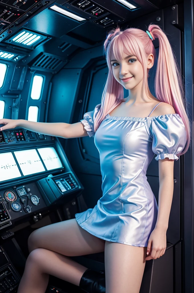 cute 19-year-old neon haired woman, pale white skin, happy, smiling, in twin tails, perfect blue eyes, pale goth skin, silky smooth skin, flying a fancy metal luxurious space ship, futuristic cockpit, she's a pilot, outer space seen in windows, dark warm lighting, wearing a futuristic dress, pleated (chemise) mini dress (pastel rainbow colors, and polka dots), puffy sleeves, silk, pantyhose, cute short cut booties, boots.