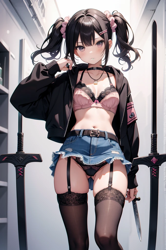 masterpiece, highest quality, pretty girl, 16 , Scrunchie hair ornament, Twin tails,denim pencil mini skirt,hoodie, Patterned stockings, Leg belt, necklace, skinny , Pink and black bra,((showing off lace panties)),sword,Japan holding a sword,Assassin