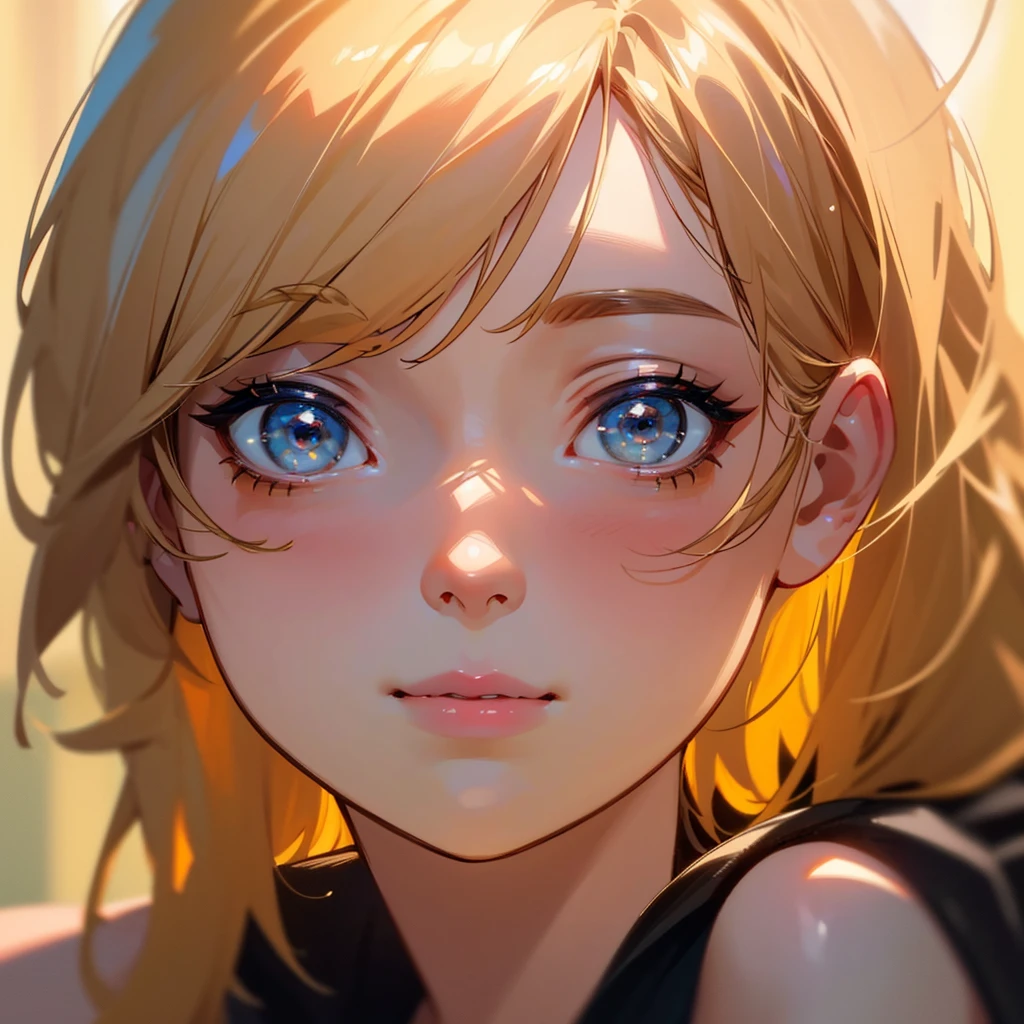 A with short yellow hair, cute and small, (best quality,4k,8k,highres,masterpiece:1.2),ultra-detailed,(realistic,photorealistic,photo-realistic:1.37),hd,portrait,beautiful detailed eyes,beautiful detailed lips,extremely detailed eyes and face,longeyelashes,young ,adorable,innocent,happy expression,natural daylight,warm lighting,golden hour,vibrant colors