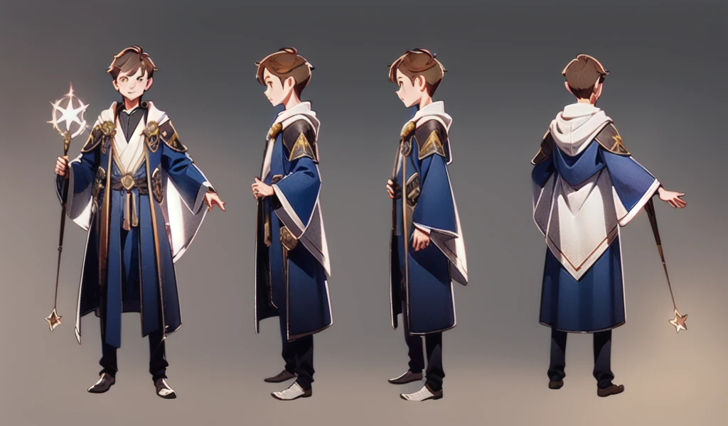 multi-angle, Front view, side view, Rear view, concept art, Magic character design, 1 Boy, brown hair, yes, short hair, Magic novels, whole body, Wizard robes ，Magic Star Wand Multiple Views,  Gray background, slope,