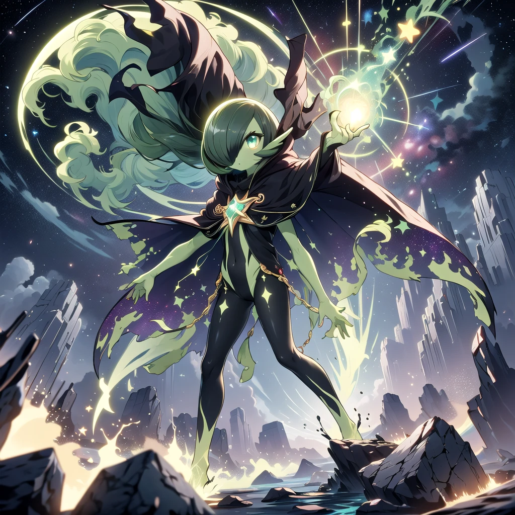 AcidMagic , fantasy , cosmic aura, best quality, (Masterpiece) , simple background , full body , dynamic pose, ((cosmic stars black hair)), (cosmic stars blue skin) , ((solo)), ((black cloak)), hair over one eye, multicolored skin, pokemon \(creature\), green eyes, short hair, two-tone skin, (black cosmic skin) , cloudy sky, wide shot, glowing eyes, floating object, rocks, gardevoir, ((very Long hair)),