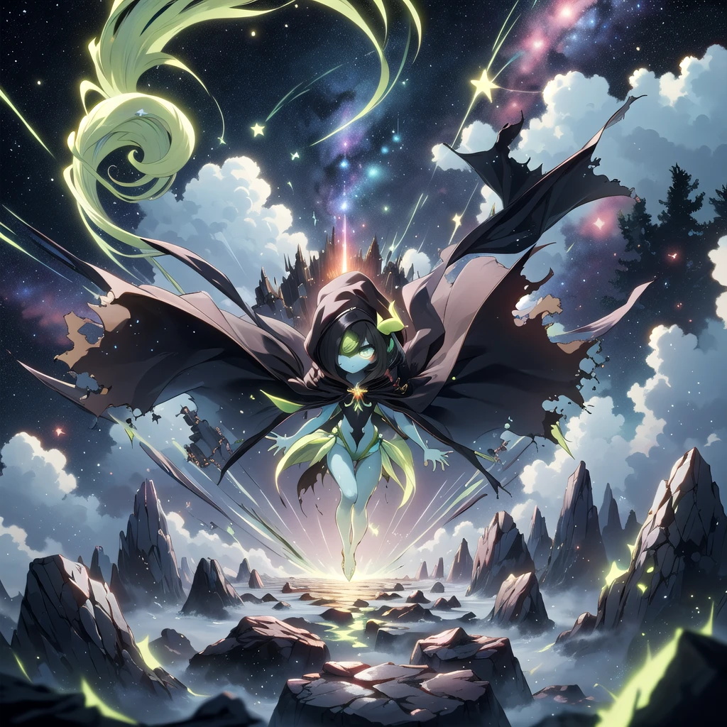 AcidMagic , fantasy , cosmic aura, best quality, (Masterpiece) , simple background , full body , dynamic pose, ((cosmic stars black hair)), (cosmic stars blue skin) , ((solo)), ((black cloak)), hair over one eye, multicolored skin, pokemon \(creature\), green eyes, short hair, two-tone skin, (black cosmic skin) , cloudy sky, wide shot, glowing eyes, floating object, rocks, gardevoir, ((very Long hair)),