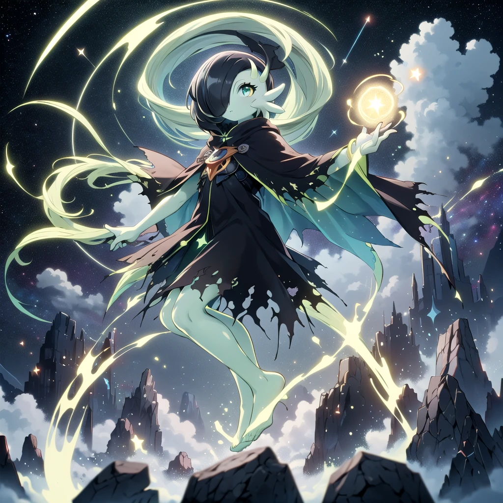 AcidMagic , fantasy , cosmic aura, best quality, (Masterpiece) , simple background , full body , dynamic pose, ((cosmic stars black hair)), (cosmic stars blue skin) , ((solo)), ((black cloak)), hair over one eye, multicolored skin, pokemon \(creature\), green eyes, short hair, two-tone skin, (black cosmic skin) , cloudy sky, wide shot, glowing eyes, floating object, rocks, gardevoir, ((very Long hair)),