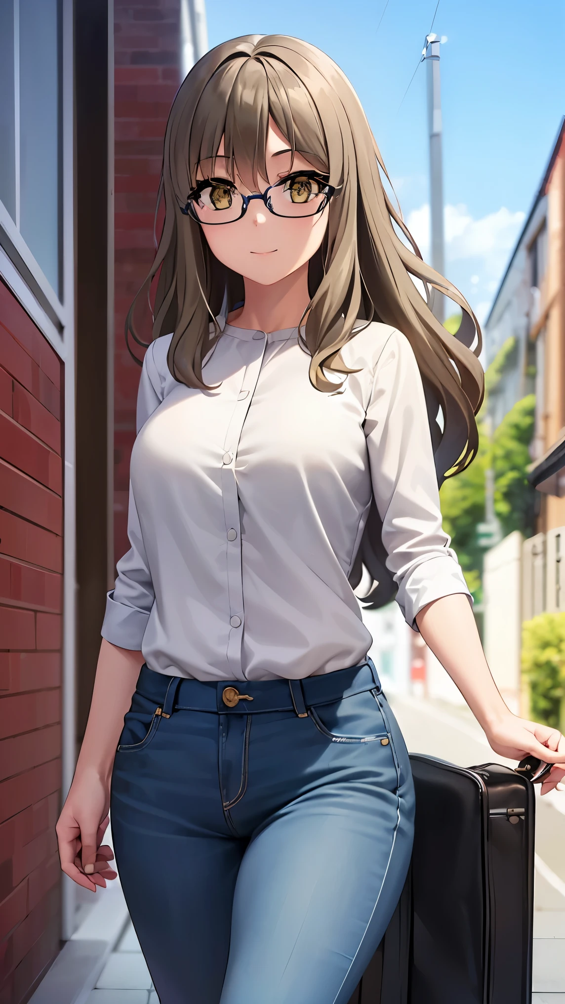 1 girl, alone,riofutaba, rio futaba, black-framed eyewear, (brown eyes:1.7), glasses, (grey hair:1.2), hair between eyes, over-rim eyewear, semi-rimless eyewear, long hair, sidelocks, smile, (pink blouse), white floral print, bare waist, tight blue jeans, outdoors, city, walking, from behind looking at viewer, pov(from below), masterpiece: 1.2), best Quality, high resolution, Unity 8k wallpaper, (artwork: 0.8), (beautiful detailed eyes: 1.6), extremely detailed face, perfect lighting, extremely detailed CG (perfect hands, perfect anatomy), large breasts, medium waist. , wide hips, medium thighs, round butt