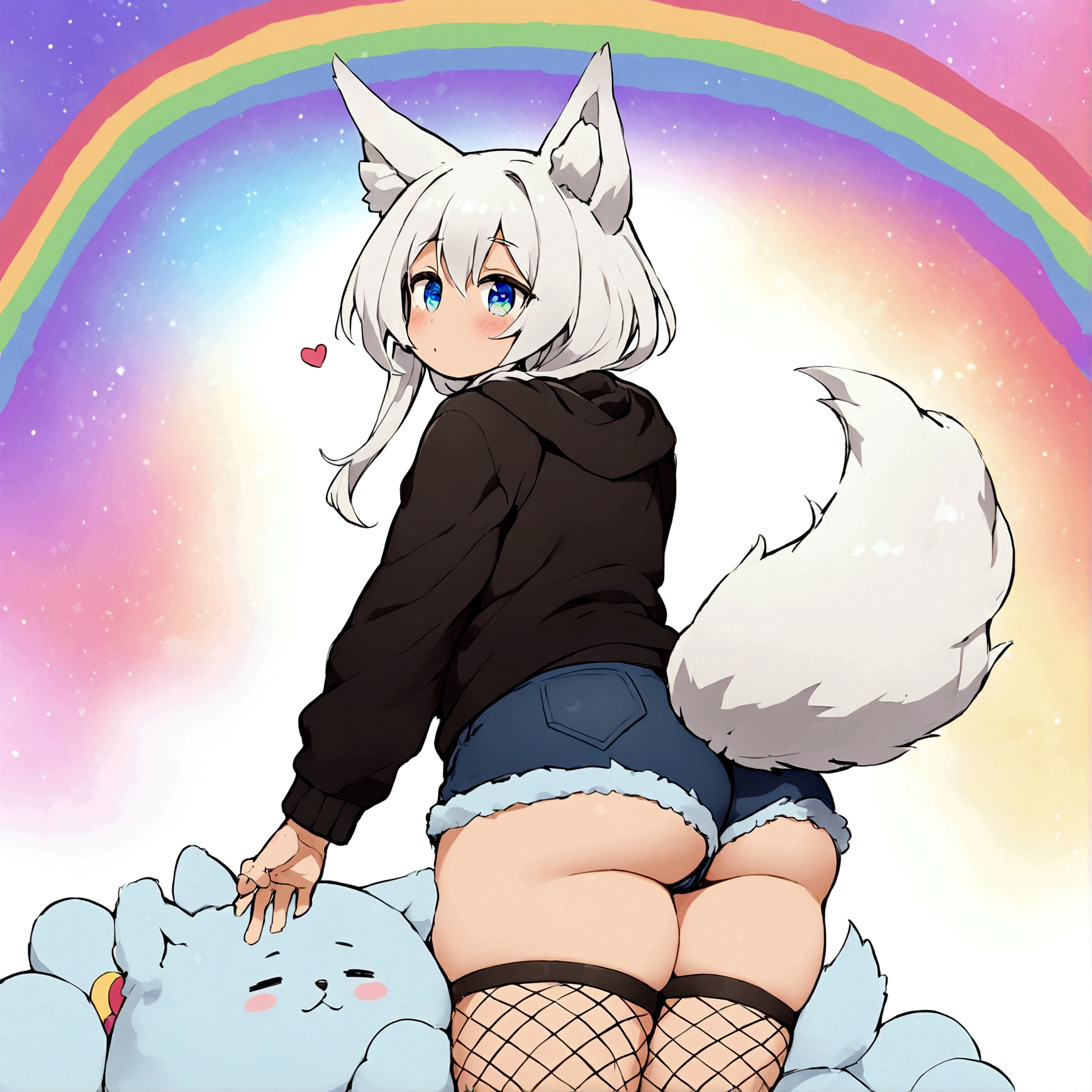 a cute adult male with wolf ears, long white hair, long locks, has a wolf tail, wearing a loose cropped oversized black hoodie, wearing a pair of denim short shorts and fishnet stockings, thick thighs, wide hips, relaxing on mound of fluffy multi colored kawaii plushies, short, very slim, showing slender tummy, stretching out, heart on hoodie, squishy thighs, has glowing blue eyes. alone, solo (ALONE)(SOLO), surrounded by rainbows, colorful galaxy backround, turned around, shot from the back, big juicy butt, has a wedgie
