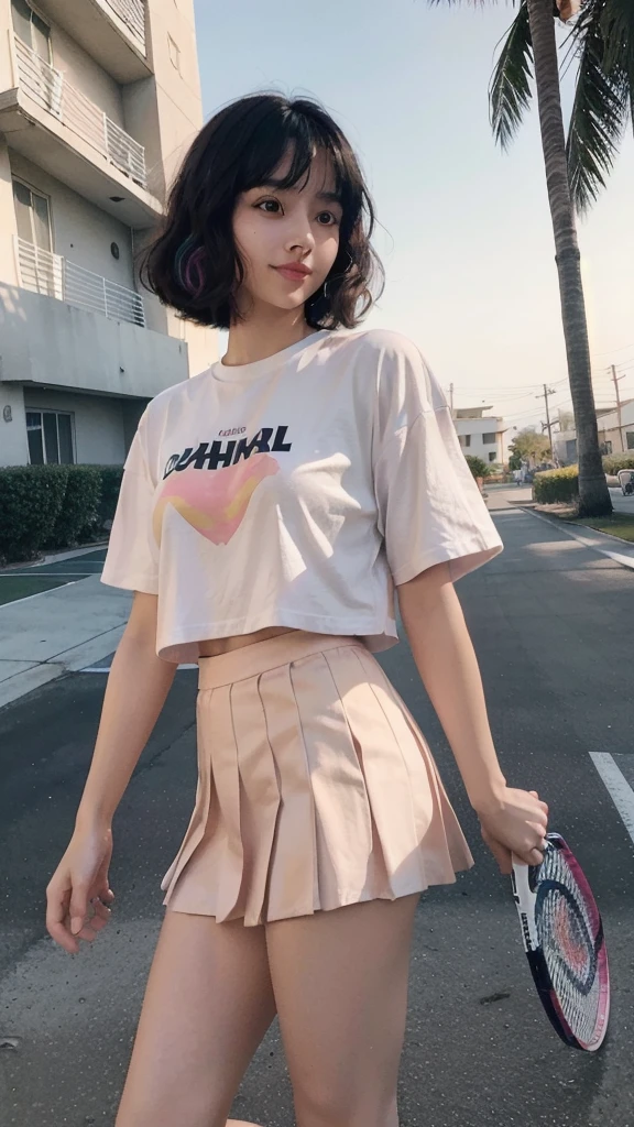 best quality, masterpiece, (photorealistic:1.4), 1girl, light smile, dramatic lighting, (wear white blank over size t-shirt),(peach color tennis skirt),black bob hairstyles, ((background 80's architecture colourful motel)),sunny,summer, palm trees, los Angles vibes