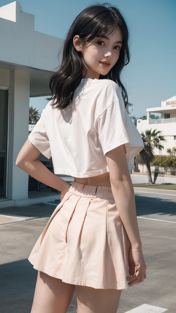 best quality, masterpiece, (photorealistic:1.4), 1girl, light smile, dramatic lighting, (wear white blank over size t-shirt),(peach color tennis skirt),black bob hairstyles, ((background 80's architecture colourful motel)),sunny,summer, palm trees, los Angles vibes