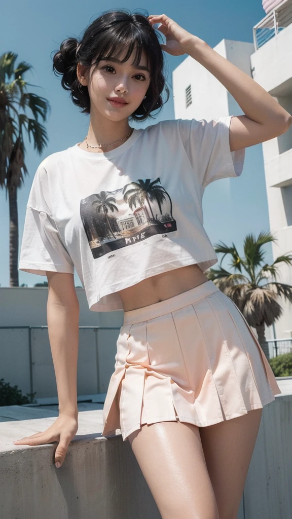 best quality, masterpiece, (photorealistic:1.4), 1girl, light smile, dramatic lighting, (wear white blank over size t-shirt),(peach color tennis skirt),black bob hairstyles, ((background 80's architecture colourful motel)),sunny,summer, palm trees, los Angles vibes