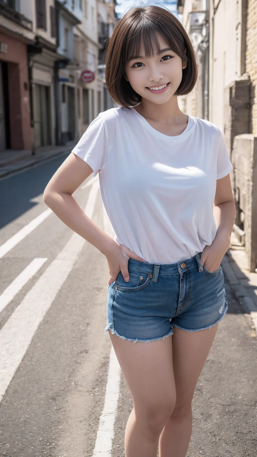 8k,((highest quality)),Very detailed,((masterpiece)),Realistic, masterpiece, highest quality, (Reality: 1.4), オリジナルphotograph, 35mm lens, Aperture f1.4, Movie Posters, Light and shadow, girl,Real Skin, (Skin Details: 1.3),Corrects your fingers into a beautiful shape,Two beautiful arms,Real fingers with attention to detail,High quality skin,photograph,short hair,Age 25,((Big, wide eyes)),Voluptuous body,((Full Body Shot:1.3)),Ultra-high resolution,((Realistic: 1.4)), RAWphotograph,Beautiful colors,Backlight,Bright lighting,(Bright smile:1.5),One Woman,T-Shirts,Shorts,snap shot,Portrait