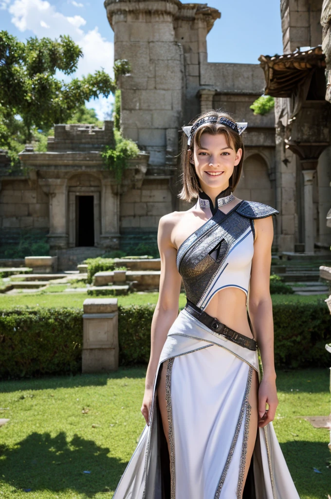 Extremely detailed hyperrealism, Young  Milla Jovovich as beautiful natural young drow, patchwork outfit with armor elements, lush bob of white haired, shy smile, cats ears, upper body, visitation and ruins temple background.