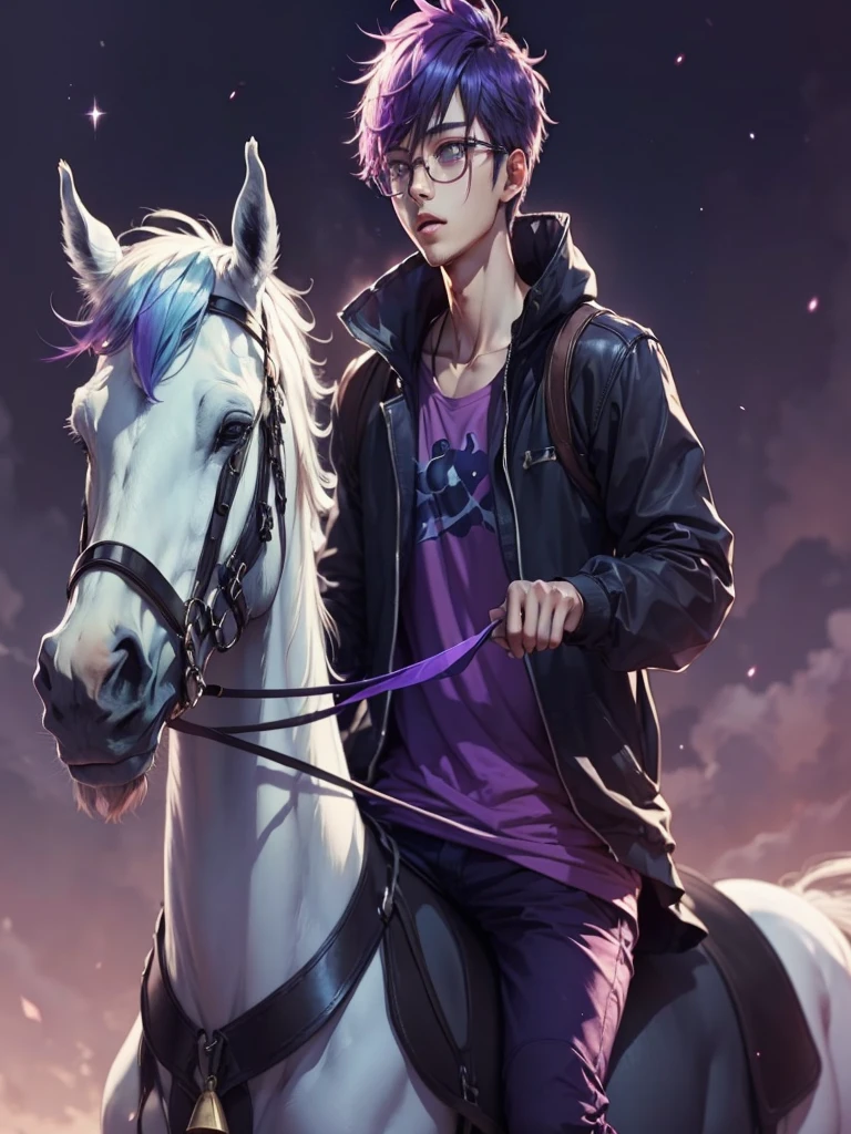 (anime man purple hair punk) (purple round glasses color crystal) (riding pure white magical unicorn horse white mane long unicorn Horn) (T-shirt purple Whit happy emoji)
