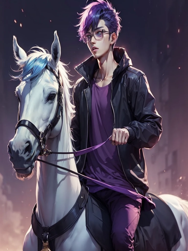 (anime man purple hair punk) (purple round glasses color crystal) (riding pure white magical unicorn horse white mane long unicorn Horn) (T-shirt purple Whit happy emoji)