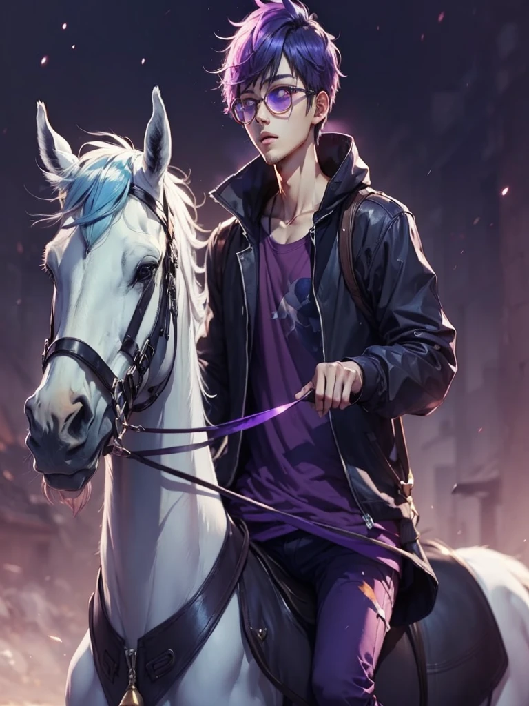 (anime man purple hair punk) (purple round glasses color crystal) (riding pure white magical unicorn horse white mane long unicorn Horn) (T-shirt purple Whit happy emoji)
